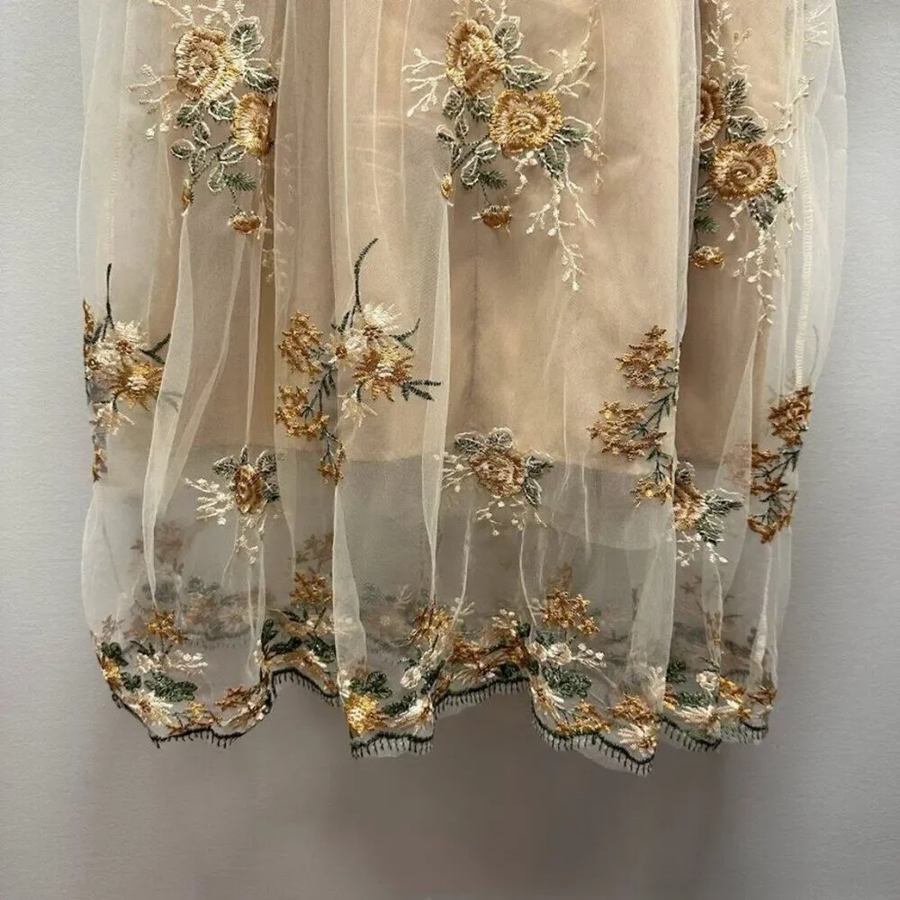 Maizishule Beige Floral Embroidered Midi Dress | Boho Sheer Long Sleeve Size L - Picture 8 of 16